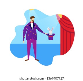 Conjurer Showing Magic Trick with Top Hat and Rabbit Standing on Stage. Magician Prestidigitator Illusionist Character, Man Juggler Surprise Entertainment. Cartoon Flat Vector Illustration. Icon.