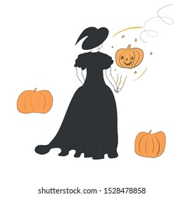 Conjuring witch with a black hat and in the black dress. Yellow pumpkins. Halloween celebration. Vector illustration