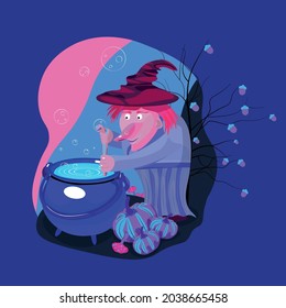 A conjuring witch preparing a potion in her pot in vibrant modern colors. Preparing for Halloween. Vector eps10.