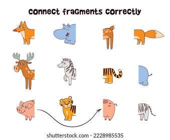 Conecte correctamente los fragmentos animales. Juego educativo para niños. Los niños puzzle para los pequeños. Personajes de dibujos animados coloridos. Graciosa ilustración vectorial. Aislado sobre fondo blanco