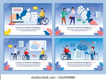 Connect to Artificial Intelligence Banner Set. Robotic Arm, Human Hand, Mobile Assistant for Disabled People. Innovation, Future Engineering and High Technology. Vector Cartoon Illustration