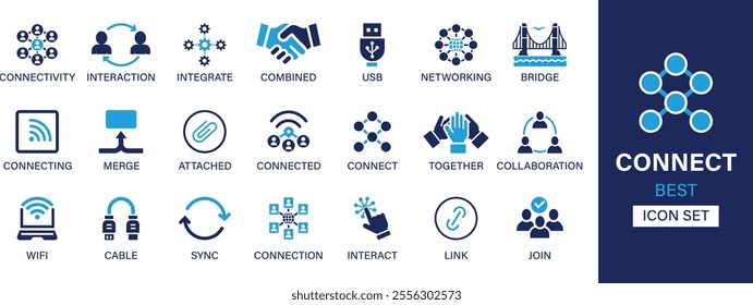 Connect best solid icon set collection. Connectivity, interaction, integrate, combined, usb, connecting, together, collaboration, wifi, cable and vector illustration.