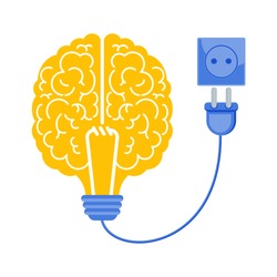 Connect the brain to an electrical network. Business metaphor. Idea, inspiration, mind and intelligence. Trendy flat vector style.