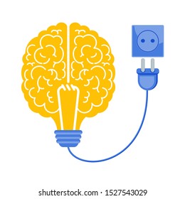 Connect the brain to an electrical network. Business metaphor. Idea, inspiration, mind and intelligence. Trendy flat vector style.