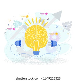 Connect the brain to an electrical network. Business metaphor. Idea, inspiration, mind and intelligence. Trendy flat vector style.
