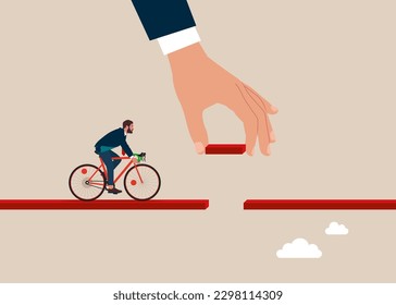 Connect the bridge to help and support businessman with Bicycle to success, solution or assistance. Giant hand help connect missing piece the bridge for male to cross the gap.