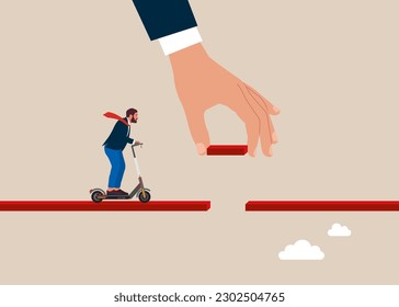 Conecte el puente para ayudar y apoyar al empresario en la motocicleta eléctrica al éxito, la solución o la asistencia. La mano gigante ayuda a conectar la pieza perdida el puente para que el macho cruce la brecha. 