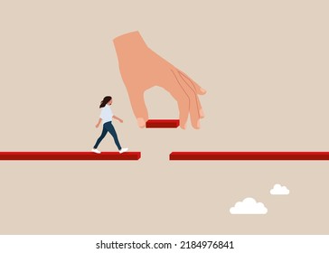 Connect the bridge to help and support girl to success, solution or assistance. Giant hand help connect missing piece the bridge for woman to cross the gap.