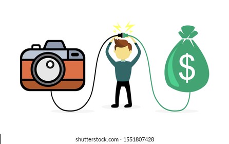 connect camera with money. take the best photos with the camera to get rich Vector illustration.