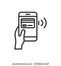 Connect card to phone, icon in line design. Connect, card, phone, NFC, payment, transfer, technology on white background vector. Connect card to phone editable stroke icon