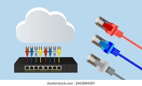 Connect to Cloud Computing with LAN, RJ45 and Network Switches for Secure Remote File Sharing. Remote Team Collaboration, File Transfer and Cloud Connectivity Concept. Vector