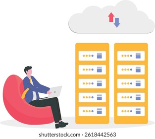 Connect to cloud computing, technology to share secured file and communicate with team while working remotely, upload and download files concept, businessman connect network line with cloud computing.