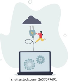 Connect to cloud computing, technology to share secured file and communicate with team while working remotely, upload and download files concept. character life .