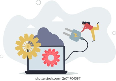 Connect to cloud computing, technology to share secured file and communicate with team while working remotely, upload and download files concept.life and employment of people.