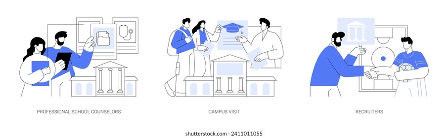 Connect with a college isolated cartoon vector illustrations set. Talk to professional school counselor, future students visit campus together, recruiter makes scholarship offer vector cartoon.