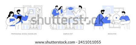 Connect with a college isolated cartoon vector illustrations set. Talk to professional school counselor, future students visit campus together, recruiter makes scholarship offer vector cartoon.
