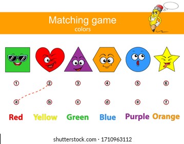 Connect color geometric figures and color names. Learn color names. Educational game for kids. Matching game. Red, orange, yellov, blue, purple, green