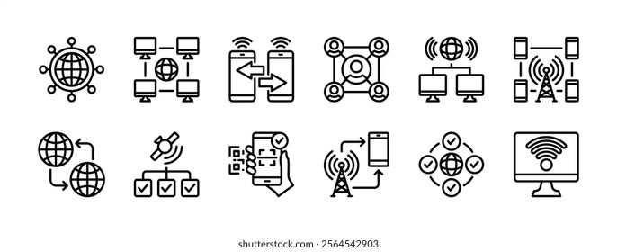 Connect, connection thin line icon set. Containing network, connectivity, share, computer device technology, interconnect, internet, sync, wireless, scan barcode, people, system. Vector illustration