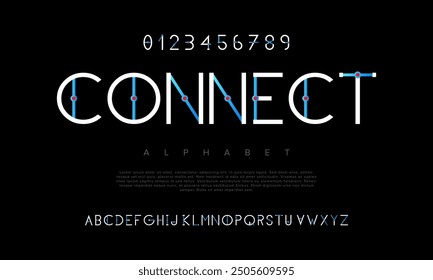 Connect creative modern geometric urban alphabet font. Digital abstract futuristic, game, techno, robot, music, logo, sport, minimal technology typography. Simple numeric vector illustration