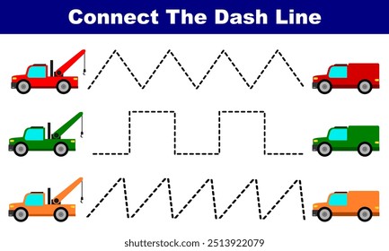 Connect the dash line for kids activity with towing truck vector illustration. pre school worksheet