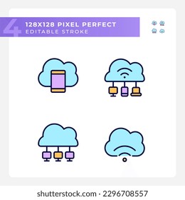 Connect devices to cloud based servers pixel perfect RGB color icons set. Share data via internet network. Isolated vector illustrations. Simple filled line drawings collection. Editable stroke