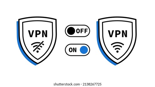 Connect and disconnect wireless VPN. On and Off switch. VPN connection for private network, protect personal data, secure network connection and web traffic. Vector illustration.