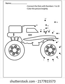 Connect the dot and color Monster Truck game for preschool kids with simple educational gaming level.