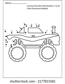 Connect the dot and color Monster Truck game for preschool kids with simple educational gaming level.