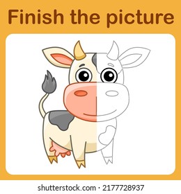 Connect the dot and complete the picture of cow. Simple coloring for children. Drawing game