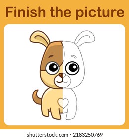 Connect the dot and complete the picture of dog. Simple coloring for children. Drawing game