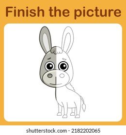 Conecte el punto y complete la imagen de burro. Colores sencillos para los niños. Juego de dibujo