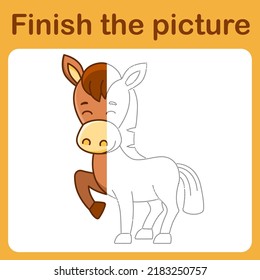 Connect the dot and complete the picture of horse. Simple coloring for children. Drawing game