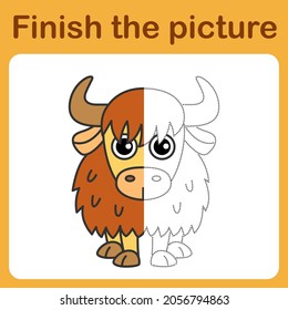 Connect The Dot And Complete The Picture. Simple Coloring Funny Bull, Yak. Drawing Game For Children.