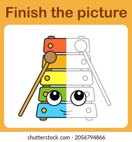 Connect the dot and complete the picture. Simple coloring funny xylophone. Drawing game for children