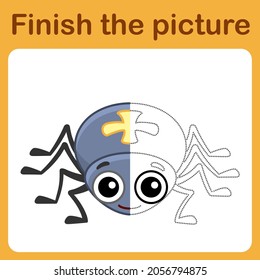 Connect the dot and complete the picture. Simple coloring funny insect spider. Drawing game for children.