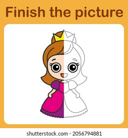 Connect the dot and complete the picture. Simple coloring little queen. Drawing game for children