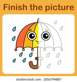Connect the dot and complete the picture. Simple coloring funny bright umbrella. Drawing game for children