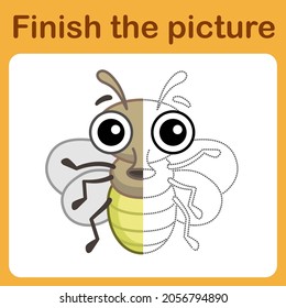 Schließen Sie den Punkt an und vervollständigen Sie das Bild. Einfache farbige, lustige Insektenfliege. Spielen für Kinder

