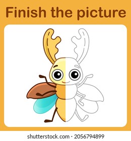 Connect the dot and complete the picture. Simple coloring funny insect stag beetle. Drawing game for children