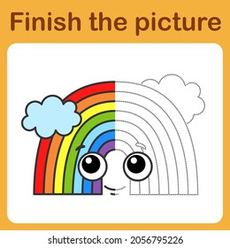 Connect the dot and complete the picture. Simple coloring Bright rainbow. Drawing game for children