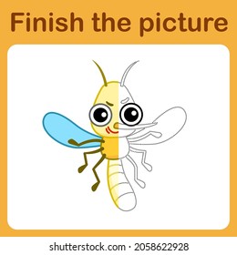 Connect the dot and complete the picture. Simple coloring funny insect mosquito. Drawing game for children
