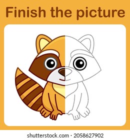 Connect the dot and complete the picture. Simple coloring raccoon. Drawing game for children