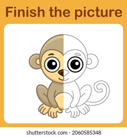 Connect the dot and complete the picture. Simple coloring monkey. Drawing game for children
