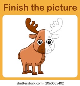 Connect the dot and complete the picture. Simple coloring elk. Drawing game for children