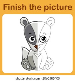 Connect the dot and complete the picture. Simple coloring badger. Drawing game for children