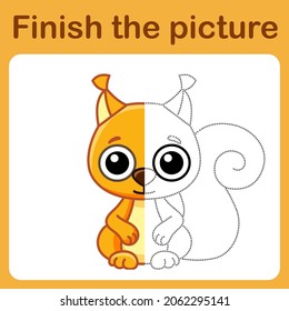 Connect the dot and complete the picture. Simple coloring squirrel. Drawing game for children