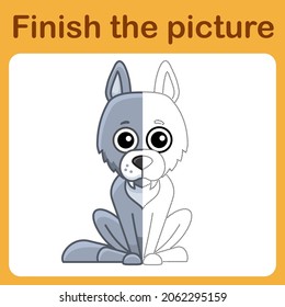 Connect the dot and complete the picture. Simple coloring wolf. Drawing game for children