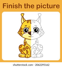 Connect the dot and complete the picture. Simple coloring lynx. Drawing game for children