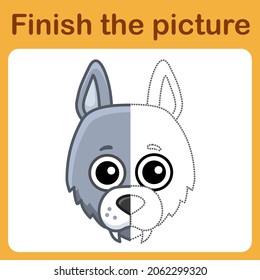 Connect the dot and complete the picture. Simple coloring wolf. Drawing game for children