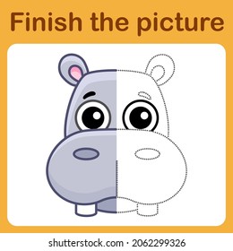 Connect the dot and complete the picture. Simple coloring hippo. Drawing game for children